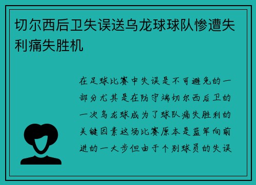 切尔西后卫失误送乌龙球球队惨遭失利痛失胜机