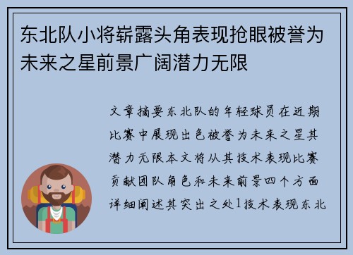 东北队小将崭露头角表现抢眼被誉为未来之星前景广阔潜力无限