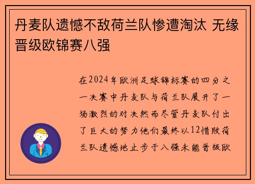 丹麦队遗憾不敌荷兰队惨遭淘汰 无缘晋级欧锦赛八强