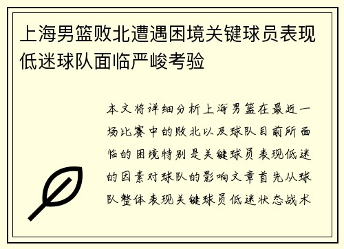上海男篮败北遭遇困境关键球员表现低迷球队面临严峻考验