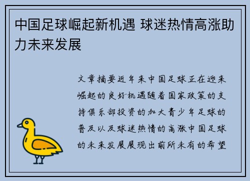 中国足球崛起新机遇 球迷热情高涨助力未来发展