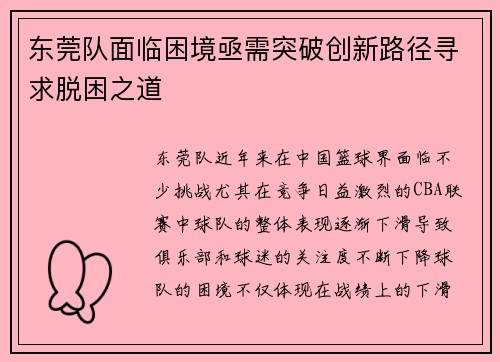 东莞队面临困境亟需突破创新路径寻求脱困之道