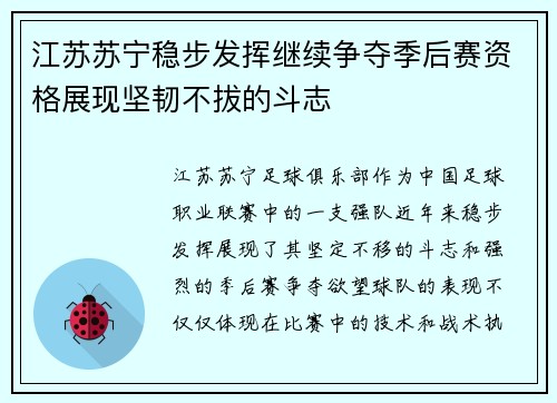 江苏苏宁稳步发挥继续争夺季后赛资格展现坚韧不拔的斗志