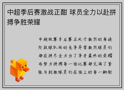 中超季后赛激战正酣 球员全力以赴拼搏争胜荣耀