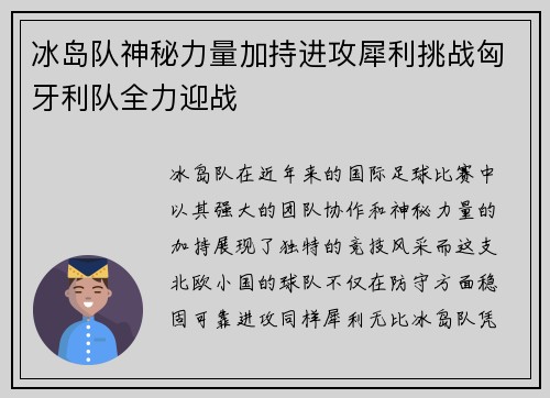 冰岛队神秘力量加持进攻犀利挑战匈牙利队全力迎战
